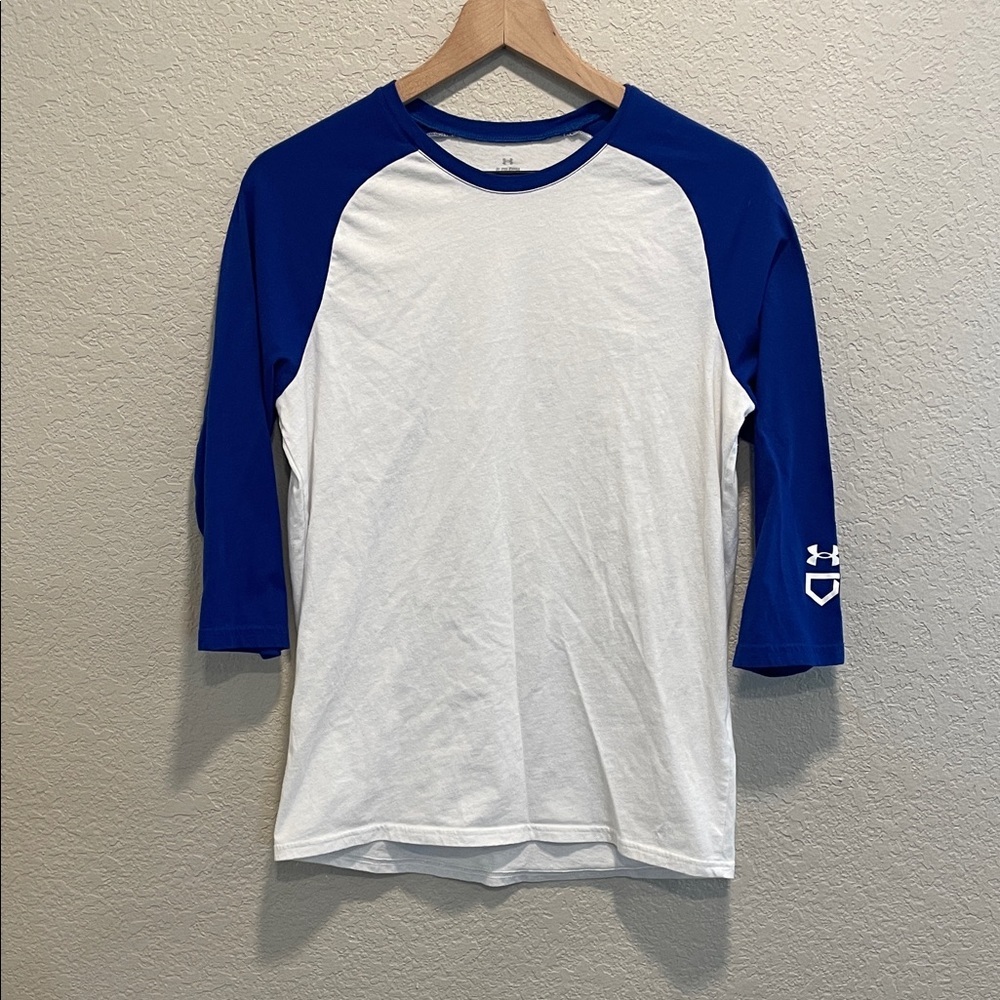 Under Armour Boys Baseball Tee Small White Blue Raglan Athletic Shirt